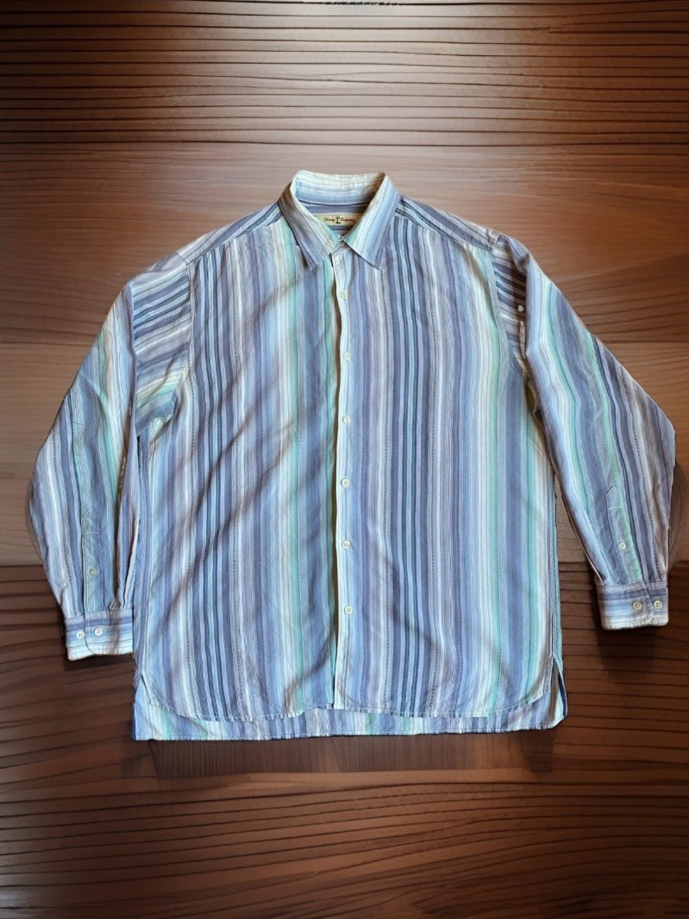 Tommy Bahama Vertical Stripe Dress Shirt in Blue, Gray and Cream